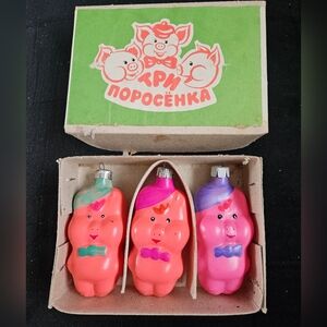 TPN Nopocëhka Vtg Russian Glass Christmas Ornaments 3 Little Pigs w/Original Box